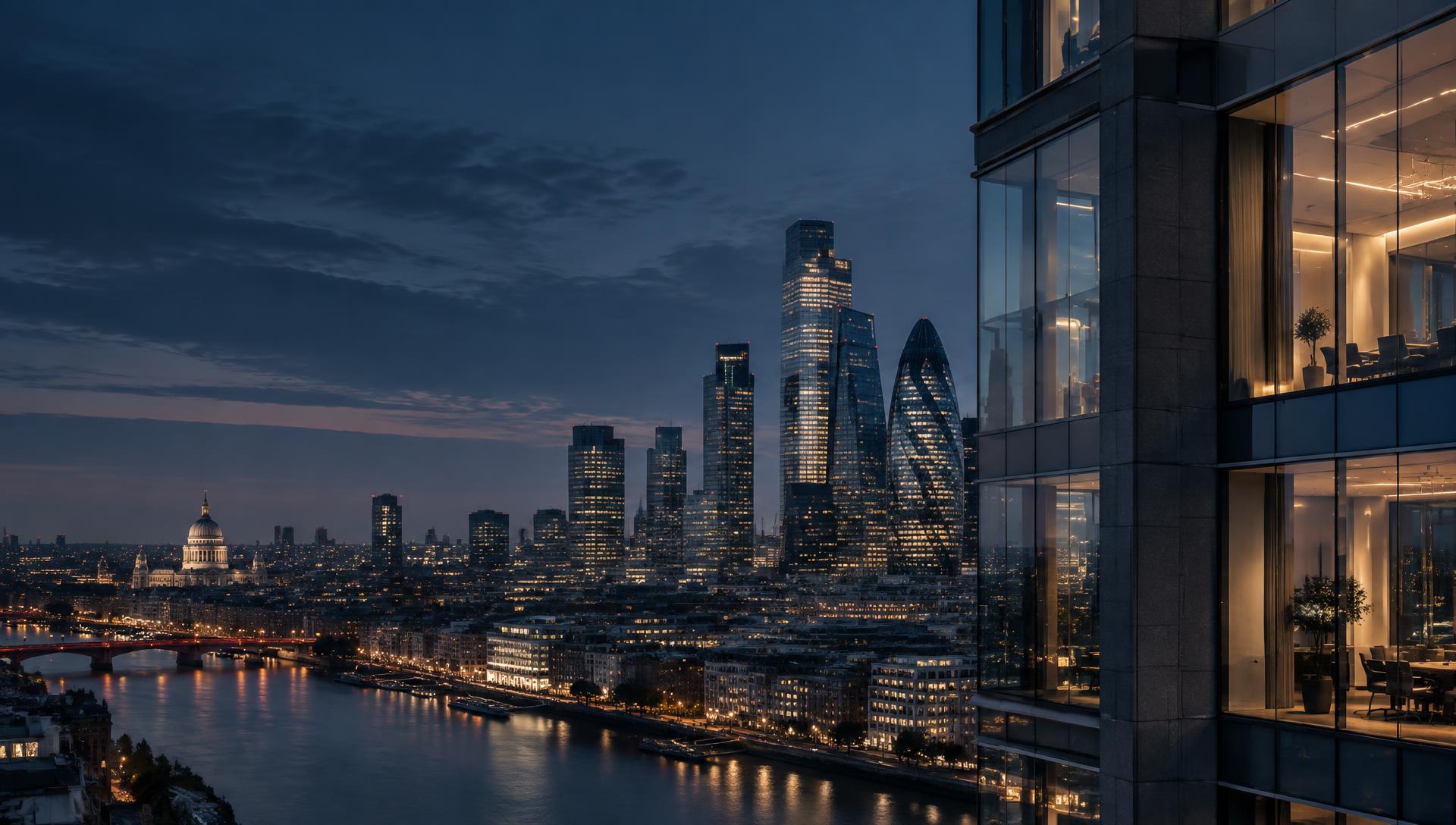 City financial district at dusk